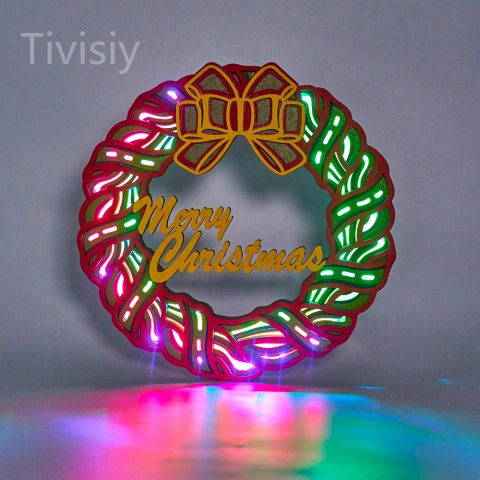 Christmas Wreath Wood Carving Light with APP Control and Remote Control